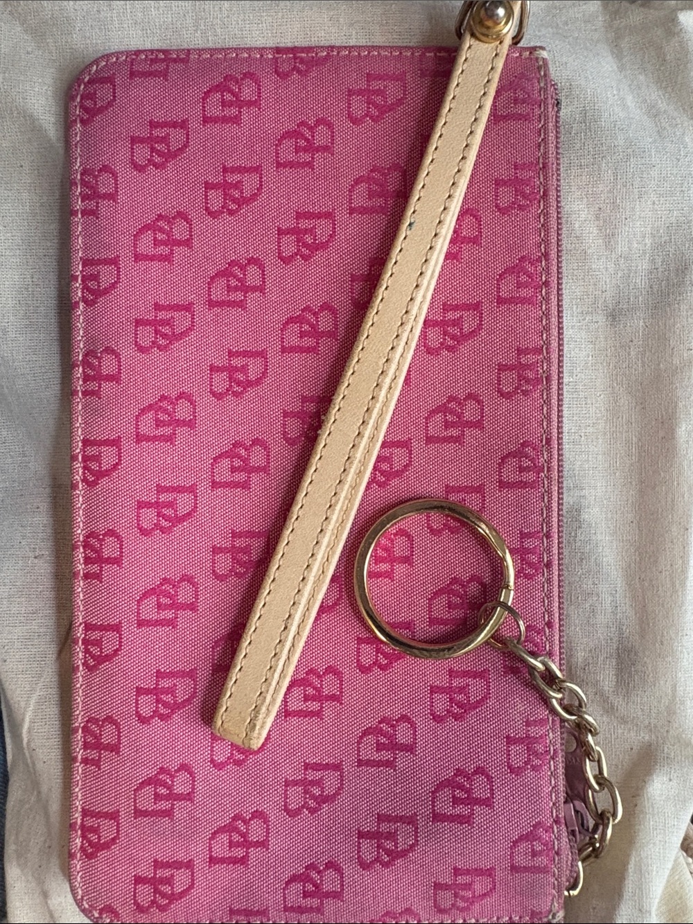 Dooney & Bourke Pink Logo Wristlet with Tan Strap